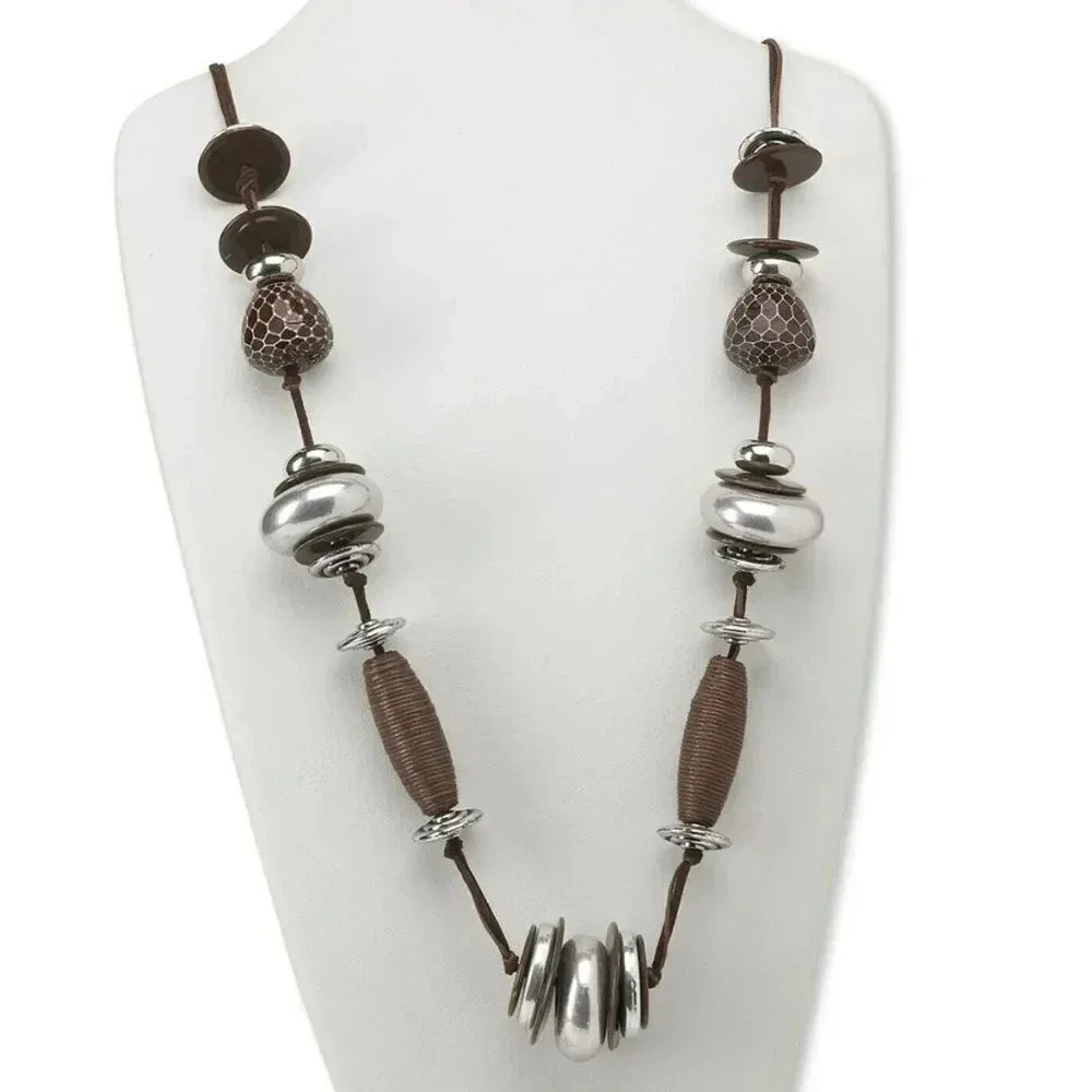 Brown & Silver Tones Bold Mixed Media Chunky Statement Necklace 42" Adjustable
